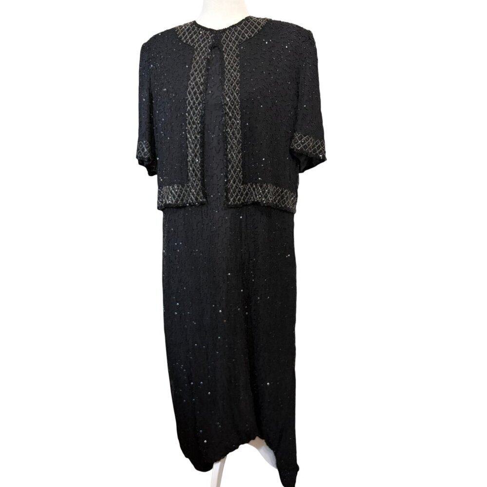 Brilliante by J.A. Evening Flattering Formal Black Beaded Dress. Silk. Size 2X